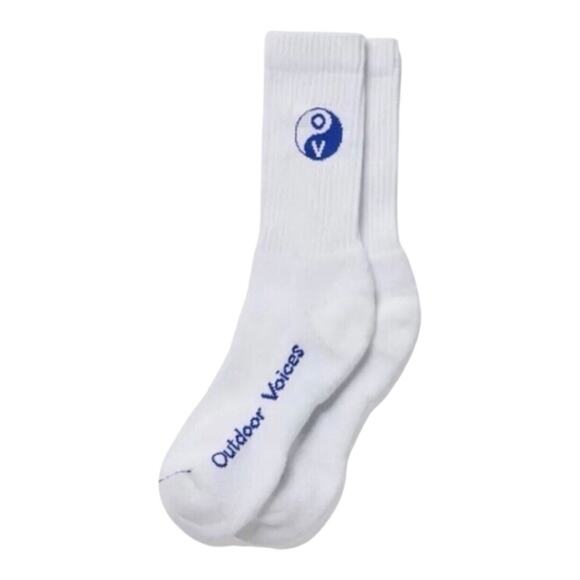OUTDOOR VOICES NIP Unisex Full Cushion White Blue Graphic Crew Socks - Picture 1 of 15